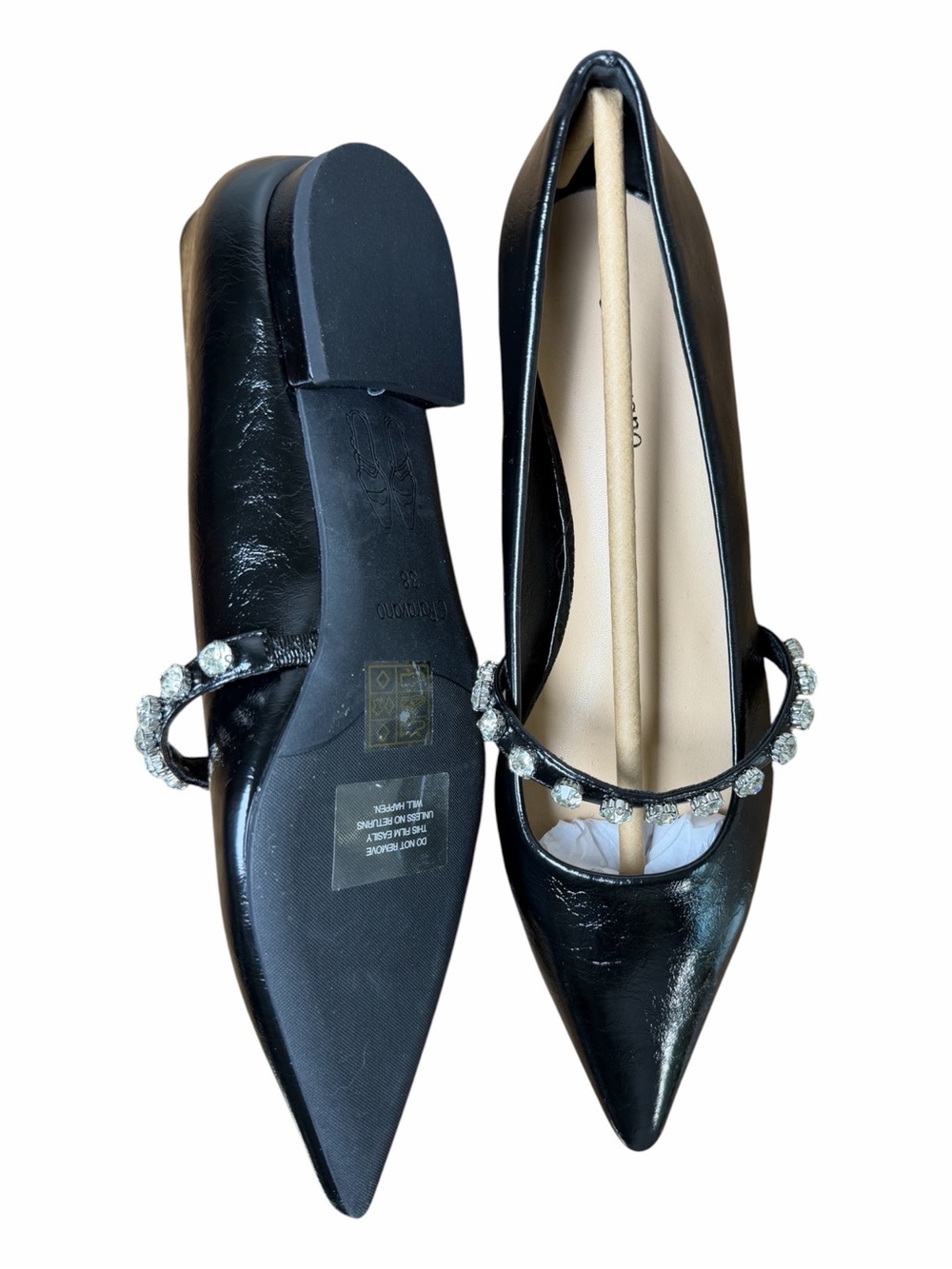 C. Paravano Black Crystal Mary Jane Flats Pointed Toe Lambskin EU 38 US 7.5 - Picture 3 of 12